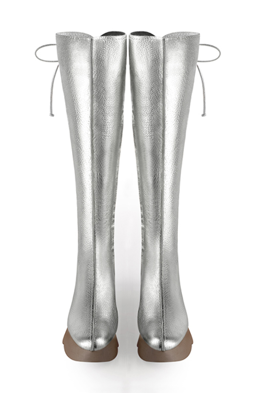 Light silver women's knee-high boots, with laces at the back. Round toe. Low rubber soles. Made to measure. Top view - Florence KOOIJMAN